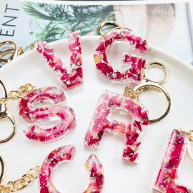 Letter Alphabet Resin Dried Flowers Keychain Accessory